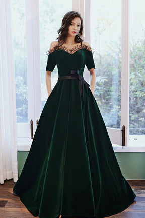 Green Velvet Long A-Line Prom Dress, Green Off the Shoulder Graduation Dress