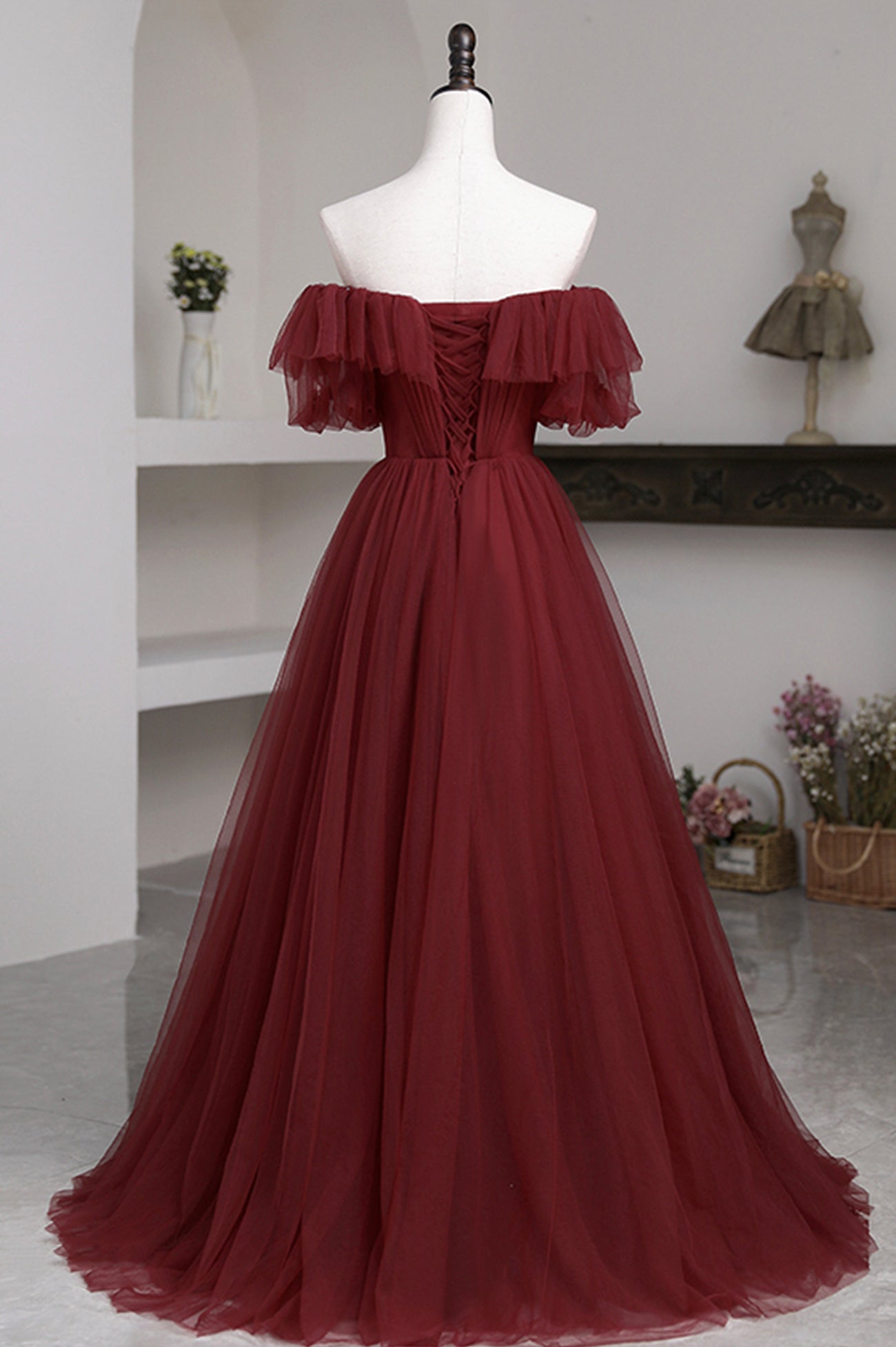 Burgundy Tulle Off the Shoulder Prom Dress, Long A-Line Evening Dress