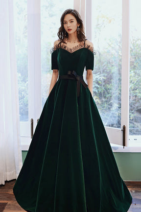 Green Velvet Long A-Line Prom Dress, Green Off the Shoulder Graduation