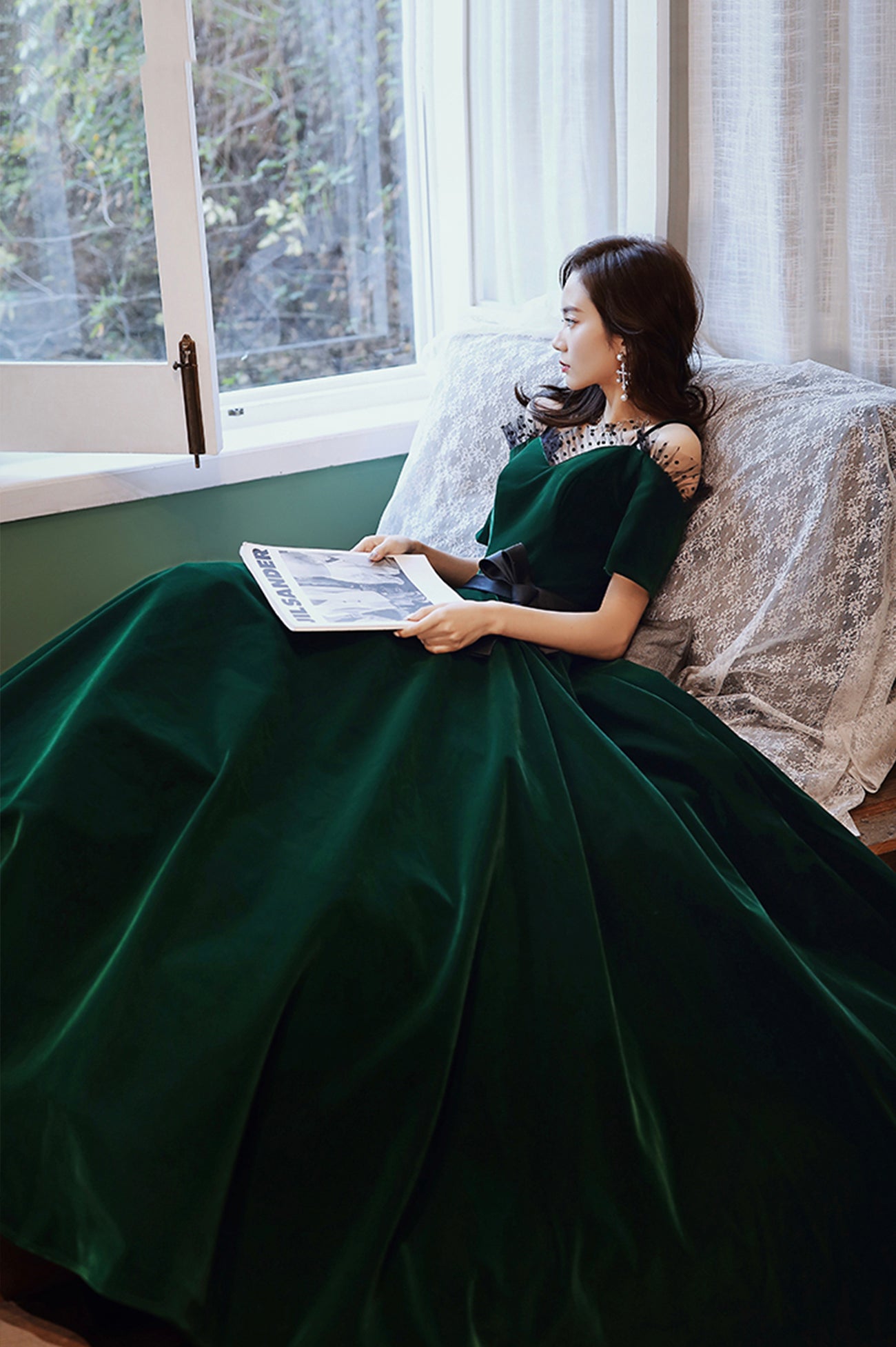 Green Velvet Long A-Line Prom Dress, Green Off the Shoulder Graduation Green Velvet Long A-Line Prom Dress, Green Off the Shoulder Graduation