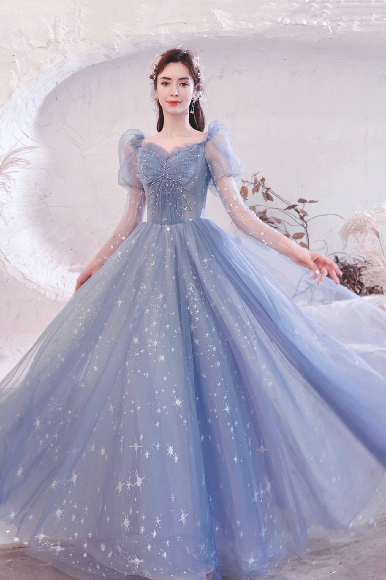 Blue Tulle Long Sleeve Prom Dress, A-Line Long Sleeve Tulle Evening Party Dress