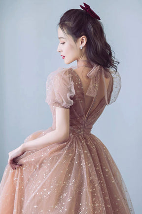 Cute Tulle Long Prom Dress with Bow, A-Line Evening Graduation Dress