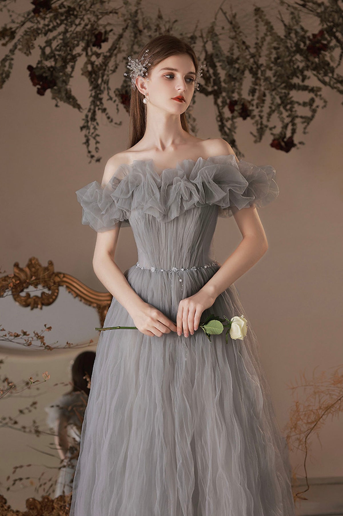 Gray Tulle Long A-Line Prom Dress, Off the Shoulder Formal Evening Dress