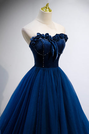 Blue Velvet Tulle Long A-Line Prom Dress, Blue Strapless Formal Evening Dress
