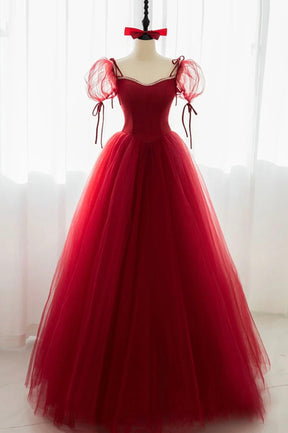 Red Tulle Short Sleeve Prom Dress, A-Line Floor Length Evening Graduation Dress