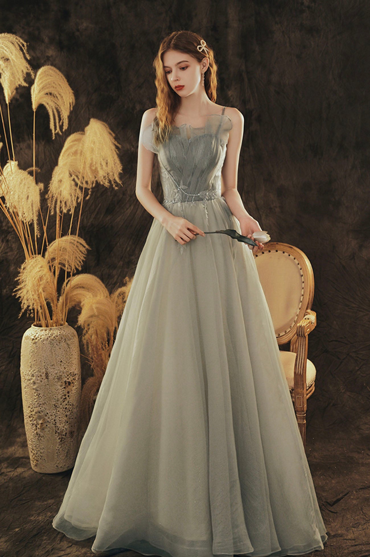 Cute Spaghetti Strap Tulle Long Formal Dress, A-Line Evening Party Dress
