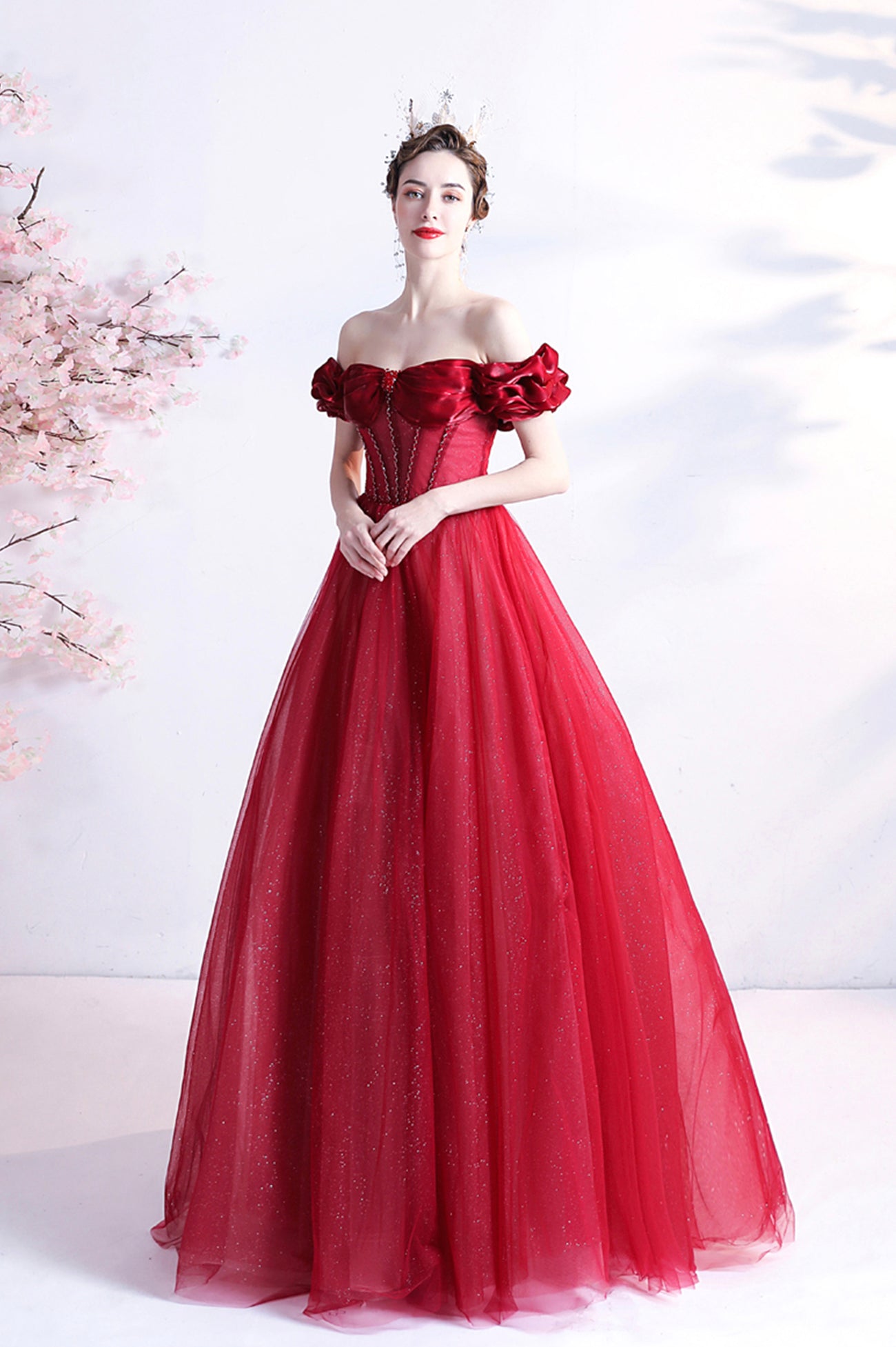Red Tulle Off the Shoulder Long Prom Dress, A-Line Graduation Dress