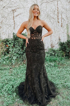 Black Lace Floor Length Prom Dress, Mermaid Strapless Evening Dress