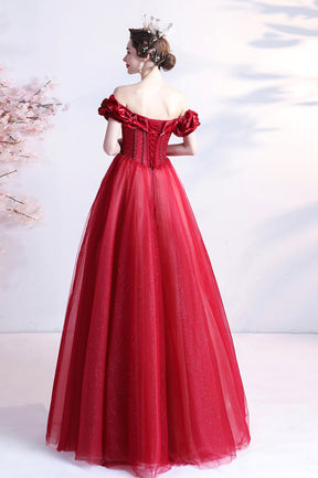 Red Tulle Off the Shoulder Long Prom Dress, A-Line Graduation Dress