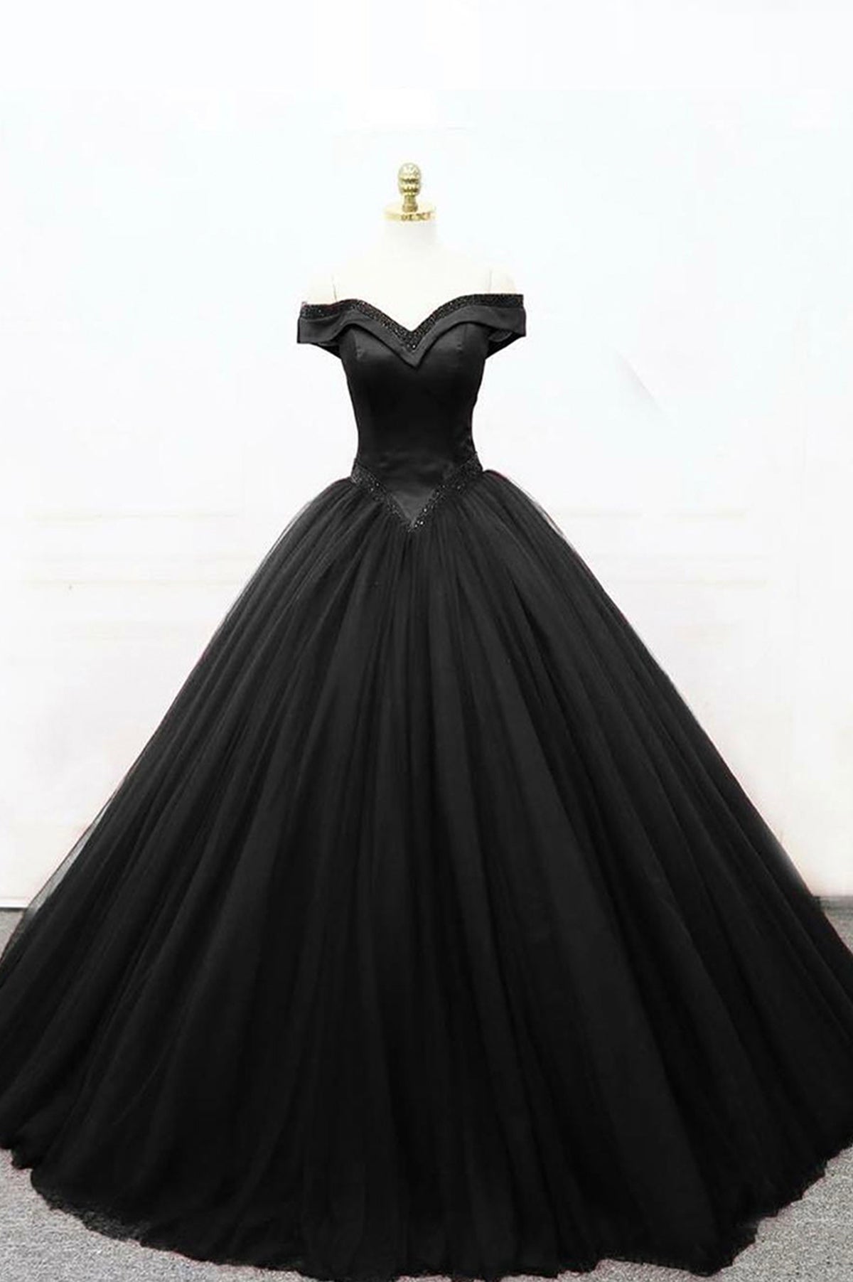 Black Tulle Beaded Long Ball Gown, A-Line Off the Shoulder Evening Formal Gown