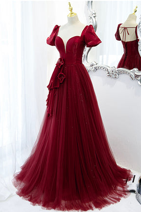 Burgundy Satin Tulle Long Prom Dress, A-Line Short Sleeve Evening Party Dress