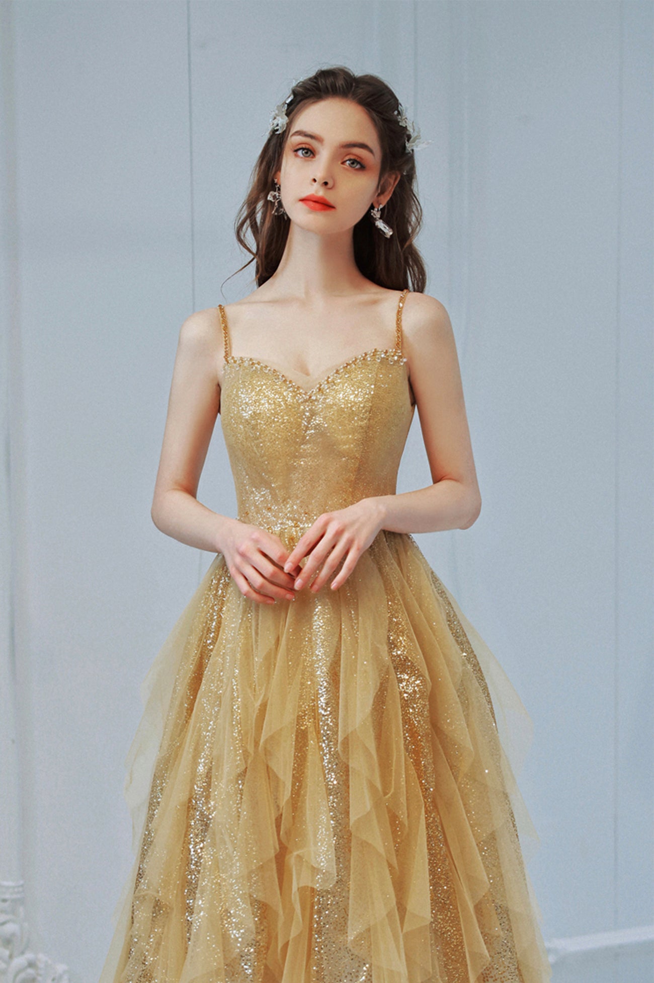 Gold Sequins Long A-Line Prom Dress, Cute Spaghetti Straps Evening Party Dress