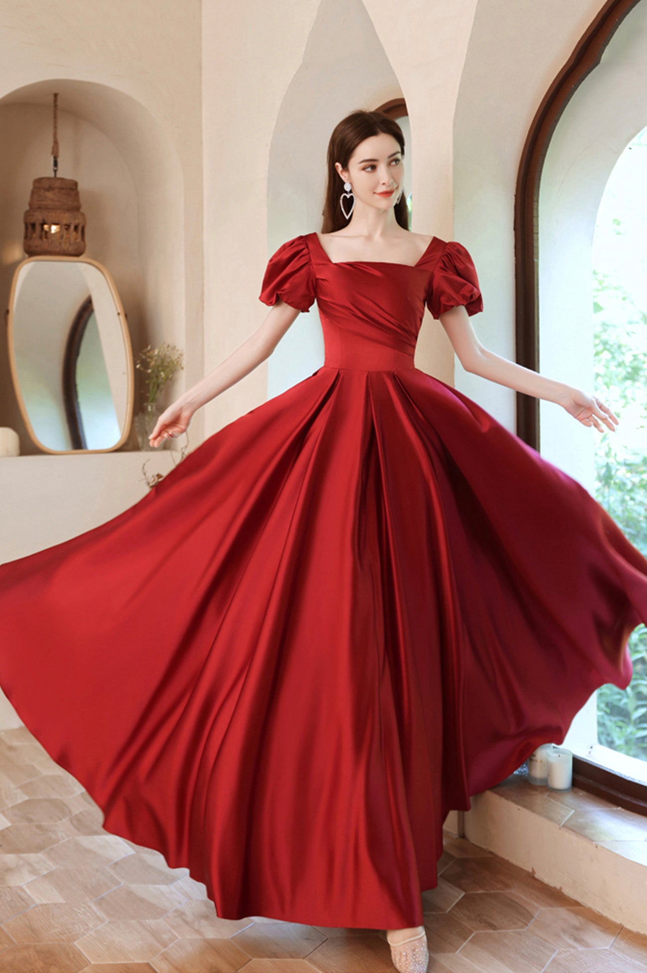 red dress puff sleeves Burgundy Satin Long A-Line Prom Dress, Lovely Puff Sleeve Evening Dres