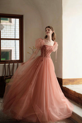 Cute Tulle Short Sleeve Floor Length Prom Dress, A-Line Evening Party Dress