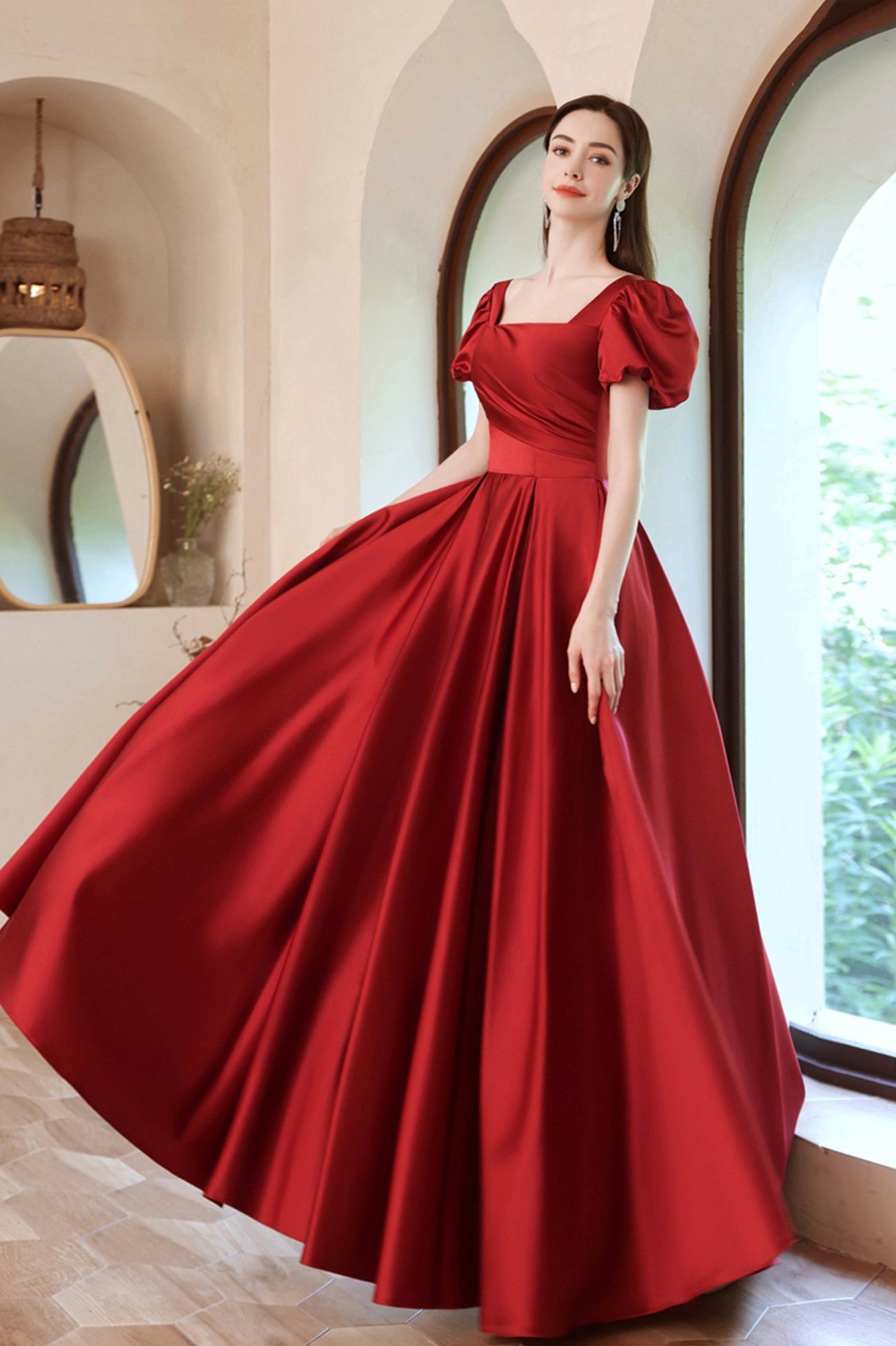 Burgundy Satin Long A-Line Prom Dress, Lovely Puff Sleeve Evening Dress
