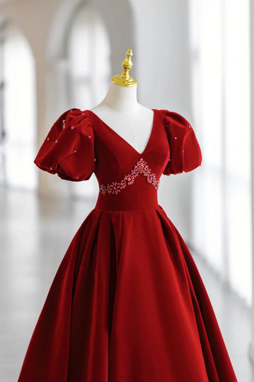 Black/ Burgundy/Green Vintage Formal Dress Women Lady V Neck Long Sleeve Prom Dress  C752