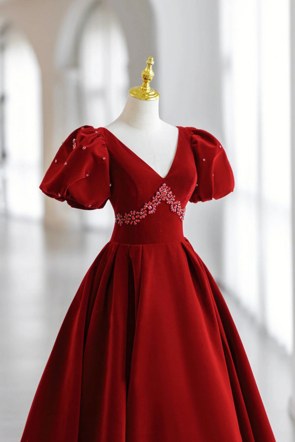 Burgundy A Line Velvet V-Neck Work Dress with Half Sleeves