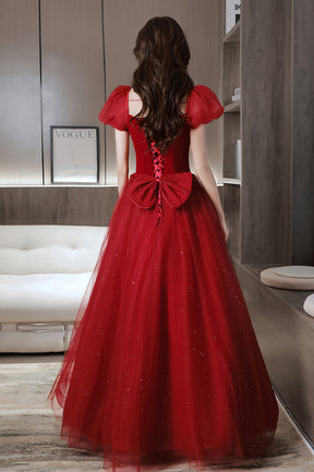 Red Velvet Tulle Long Prom Dress, Cute Short Sleeve Evening Dress