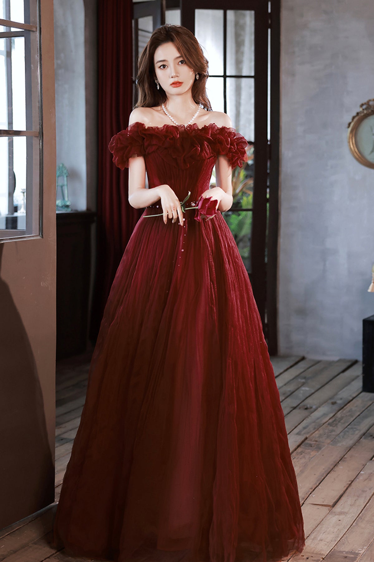 Burgundy Tulle Long A-Line Prom Dress, Cute Off the Shoulder Evening Dress