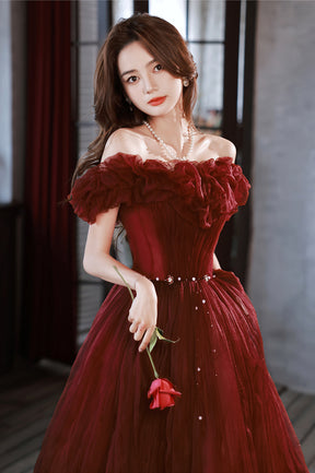 Burgundy Tulle Long A-Line Prom Dress, Cute Off the Shoulder Evening Dress