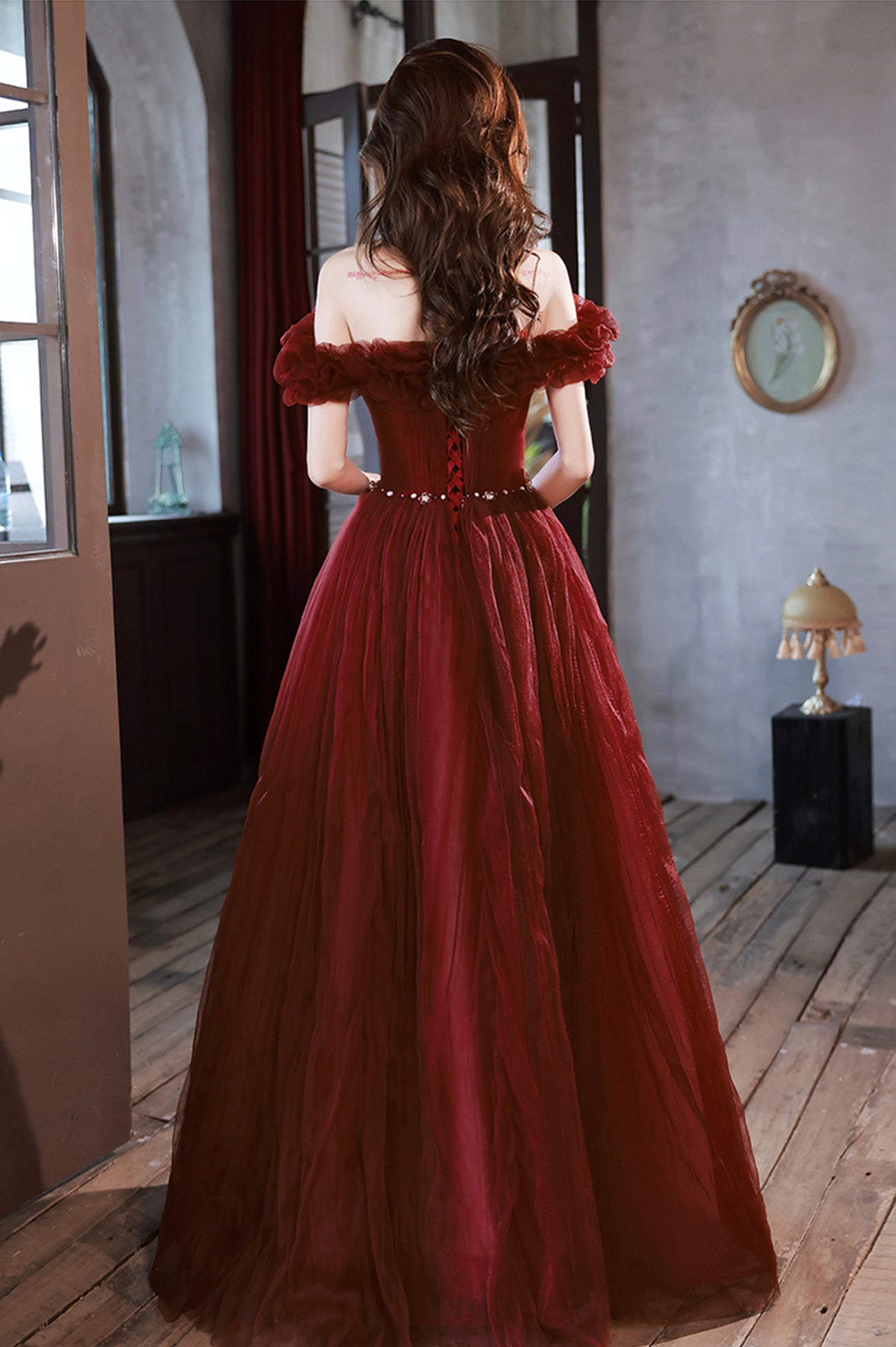 Burgundy Tulle Long A-Line Prom Dress, Cute Off the Shoulder Evening D Burgundy Tulle Long A-Line Prom Dress, Cute Off the Shoulder Evening D