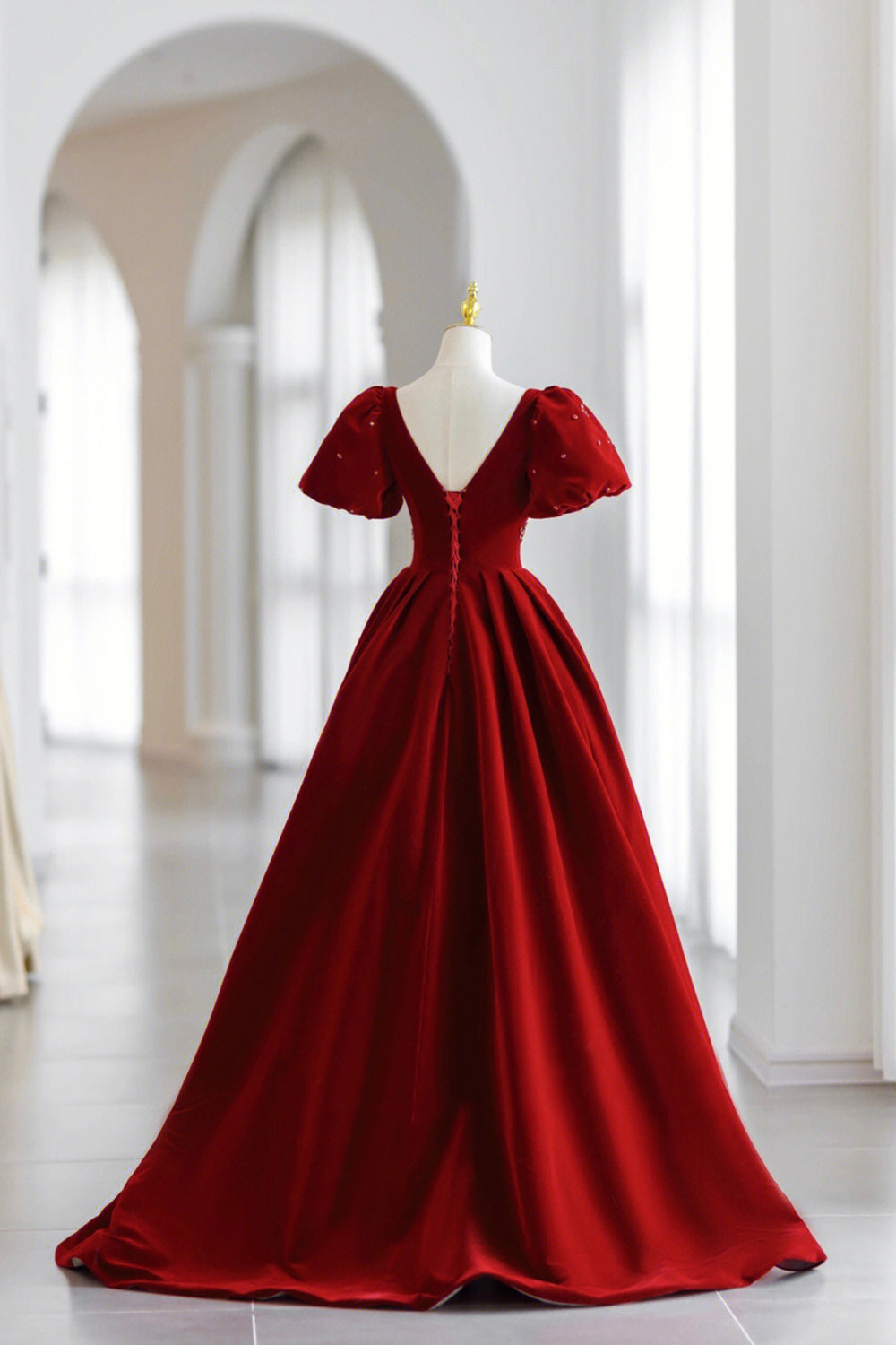 Burgundy V-Neck Velvet Long Formal Dress, A-Line Short Sleeve Evening