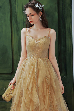 Gold Sequins Long A-Line Prom Dress, Cute Spaghetti Straps Evening Party Dress