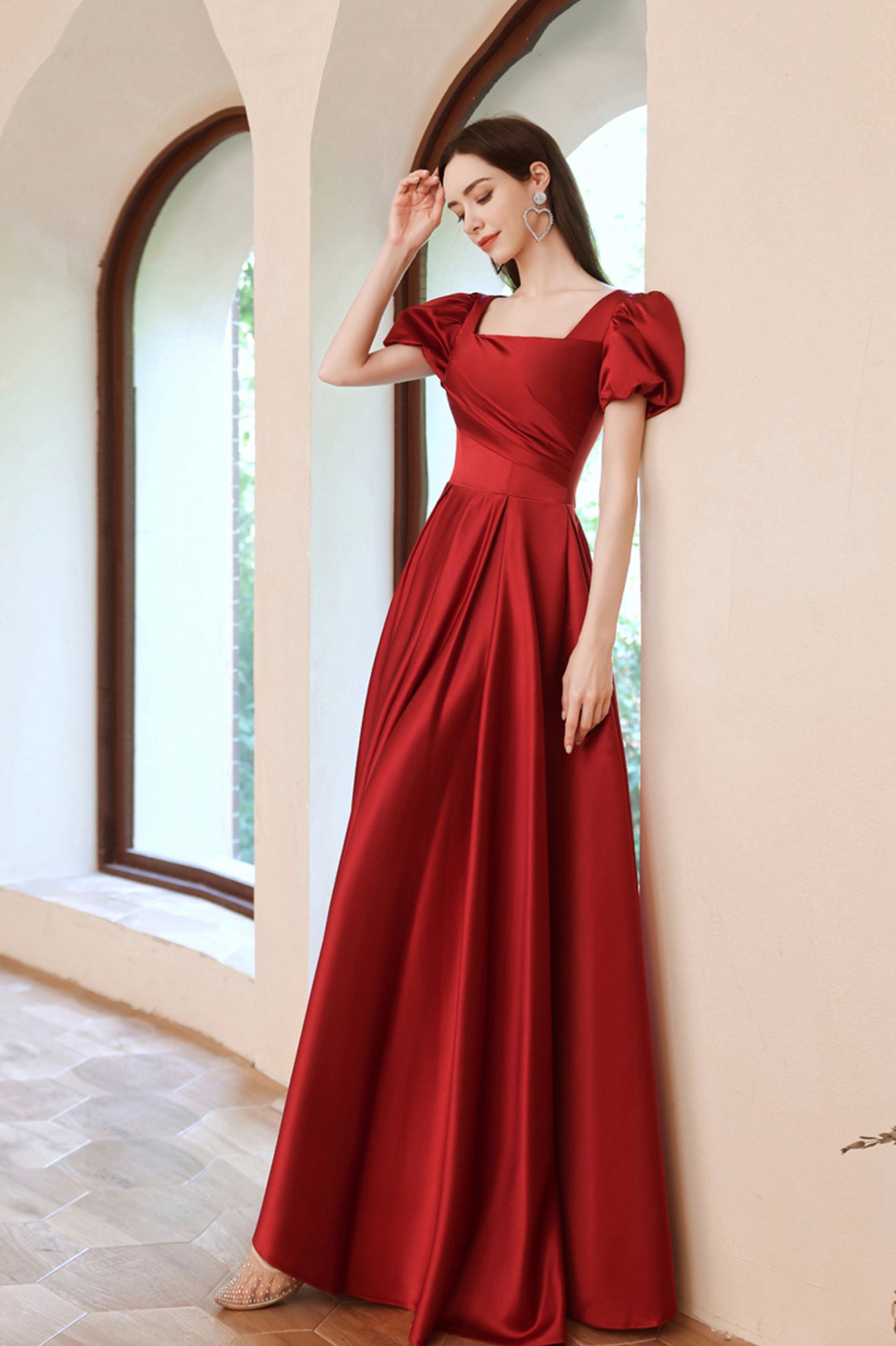 Burgundy Satin Long A-Line Prom Dress, Lovely Puff Sleeve Evening Dress
