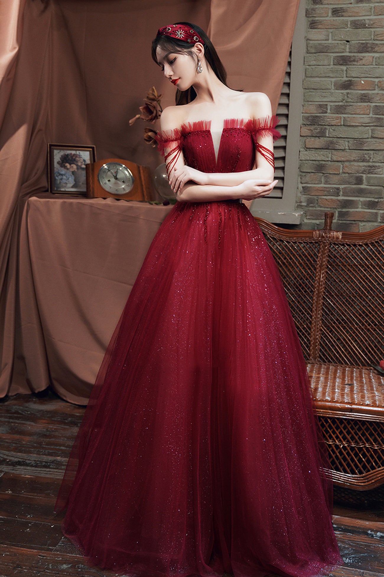Burgundy Tulle Long A-Line Prom with Beaded, Off the Shoulder Evening Party Dress