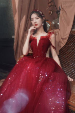 Burgundy Tulle Long A-Line Prom with Beaded, Off the Shoulder Evening Party Dress