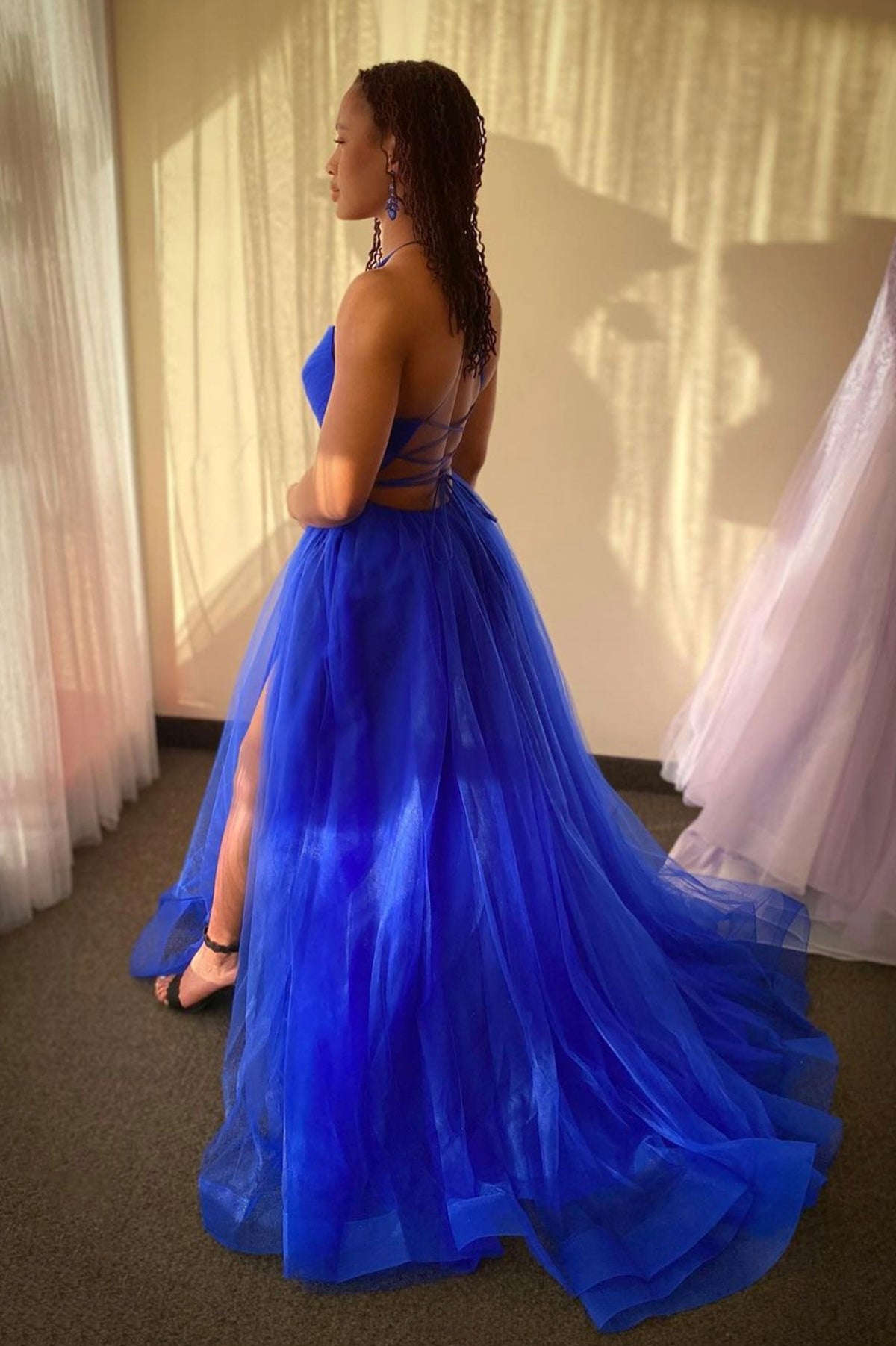 Blue V-Neck Tulle Long Backless Prom Dress, Simple Evening Dress with Slit