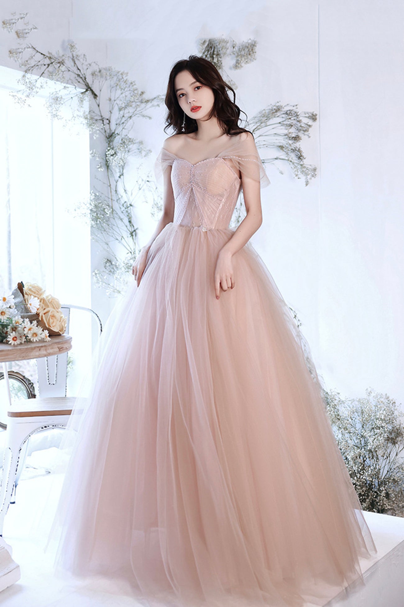 Pink Tulle Long A-Line Prom Dress, Pink Off the Shoulder Evening Party Dress