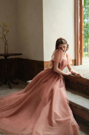 Cute Tulle Short Sleeve Floor Length Prom Dress, A-Line Evening Party Dress
