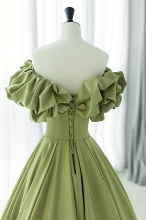 Green Satin Long Prom Dress, Green A-Line Evening Dress
