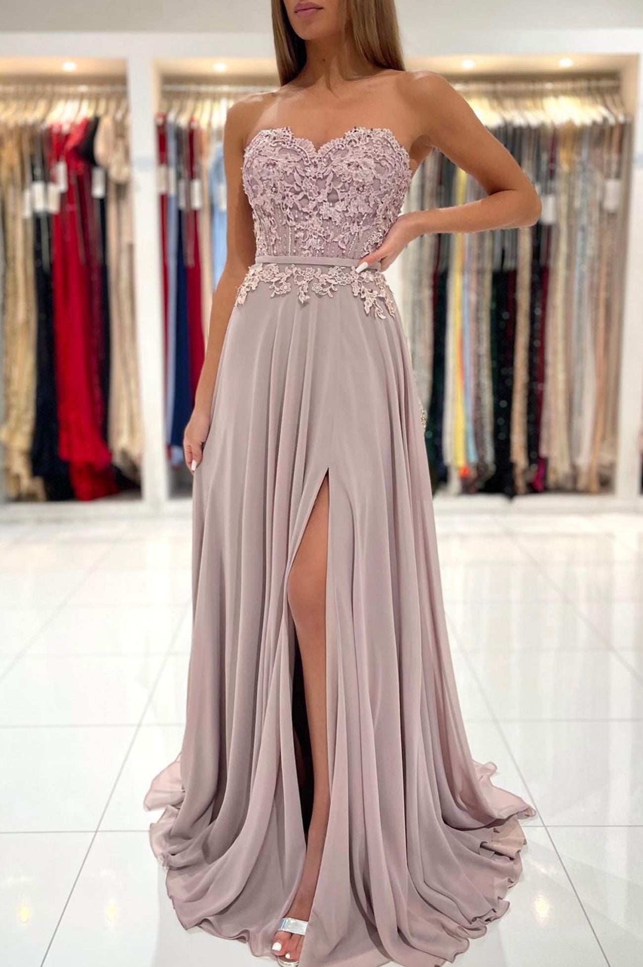 Cute Chiffon Lace Long A-Line Prom Dress, Cute Strapless Party Dress with Slit