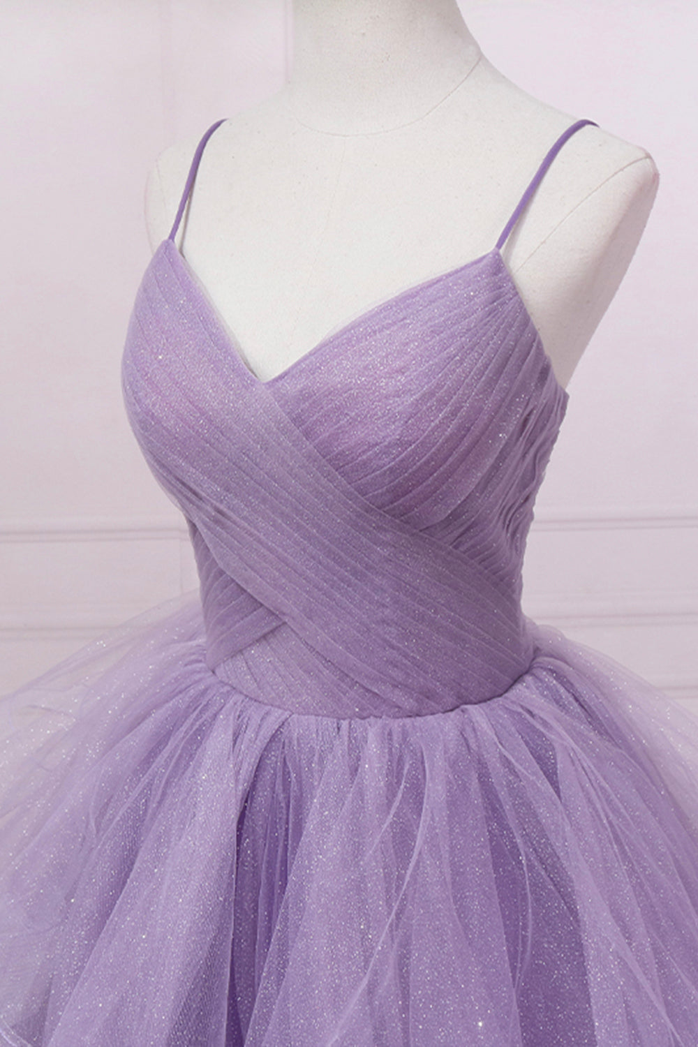 Purple V-Neck Tulle Long Prom Dress, Spaghetti Straps A-Line Evening Dress