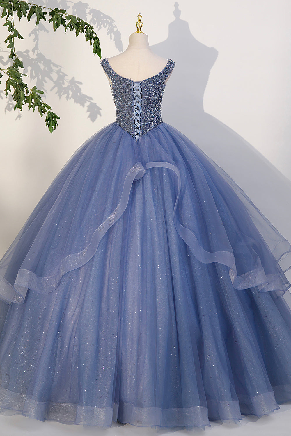 Blue Beaded Tulle Long A-Line Prom Dress, Blue Formal Dress