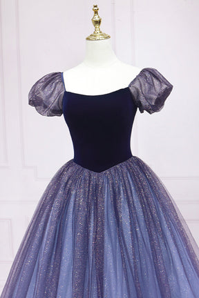 Cute Velvet Tulle Long Prom Dress, A-Line Short Sleeve Graduation Dress