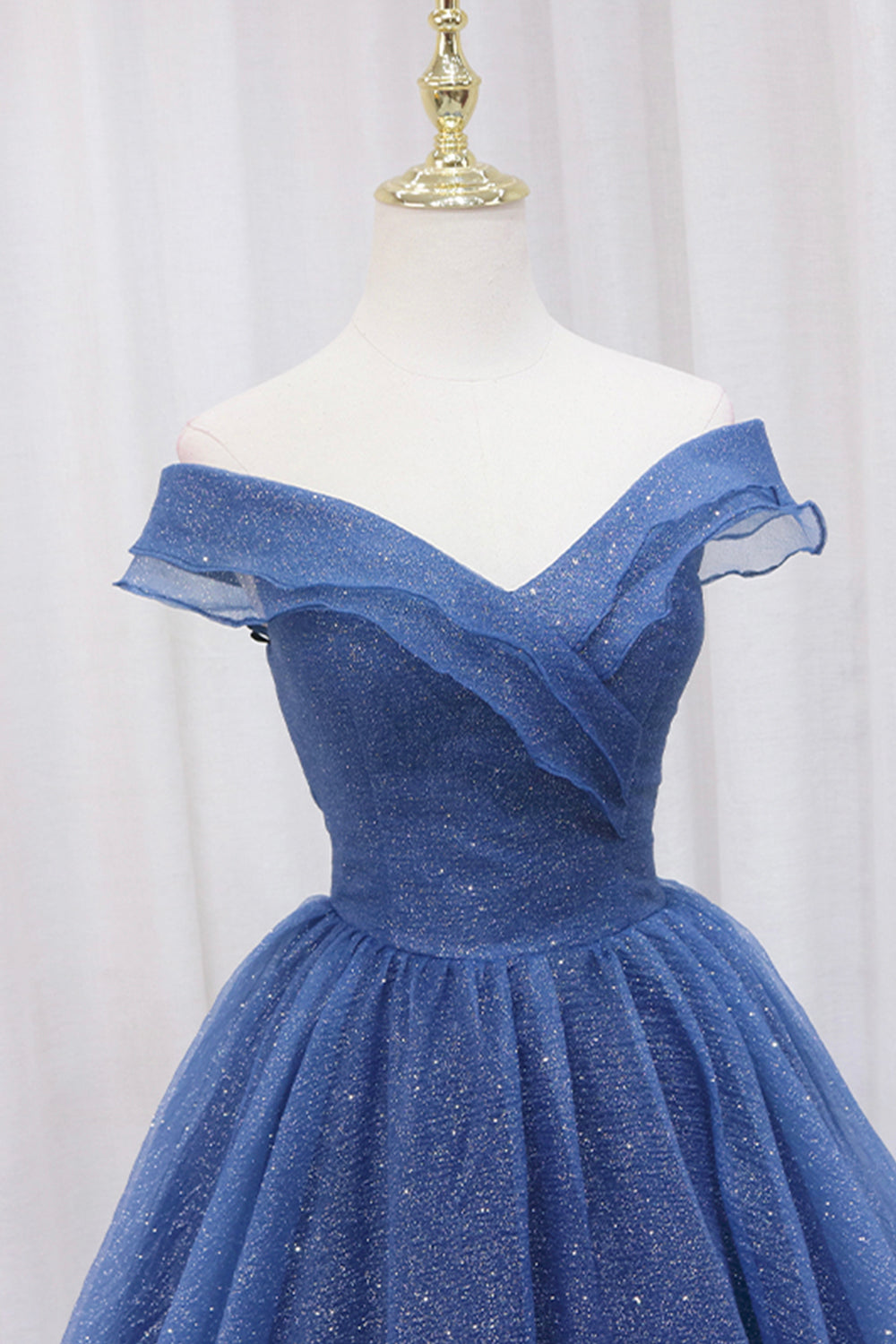 Blue Shiny Tulle Off the Shoulder Prom Dress, Blue V-Neck Evening Dress