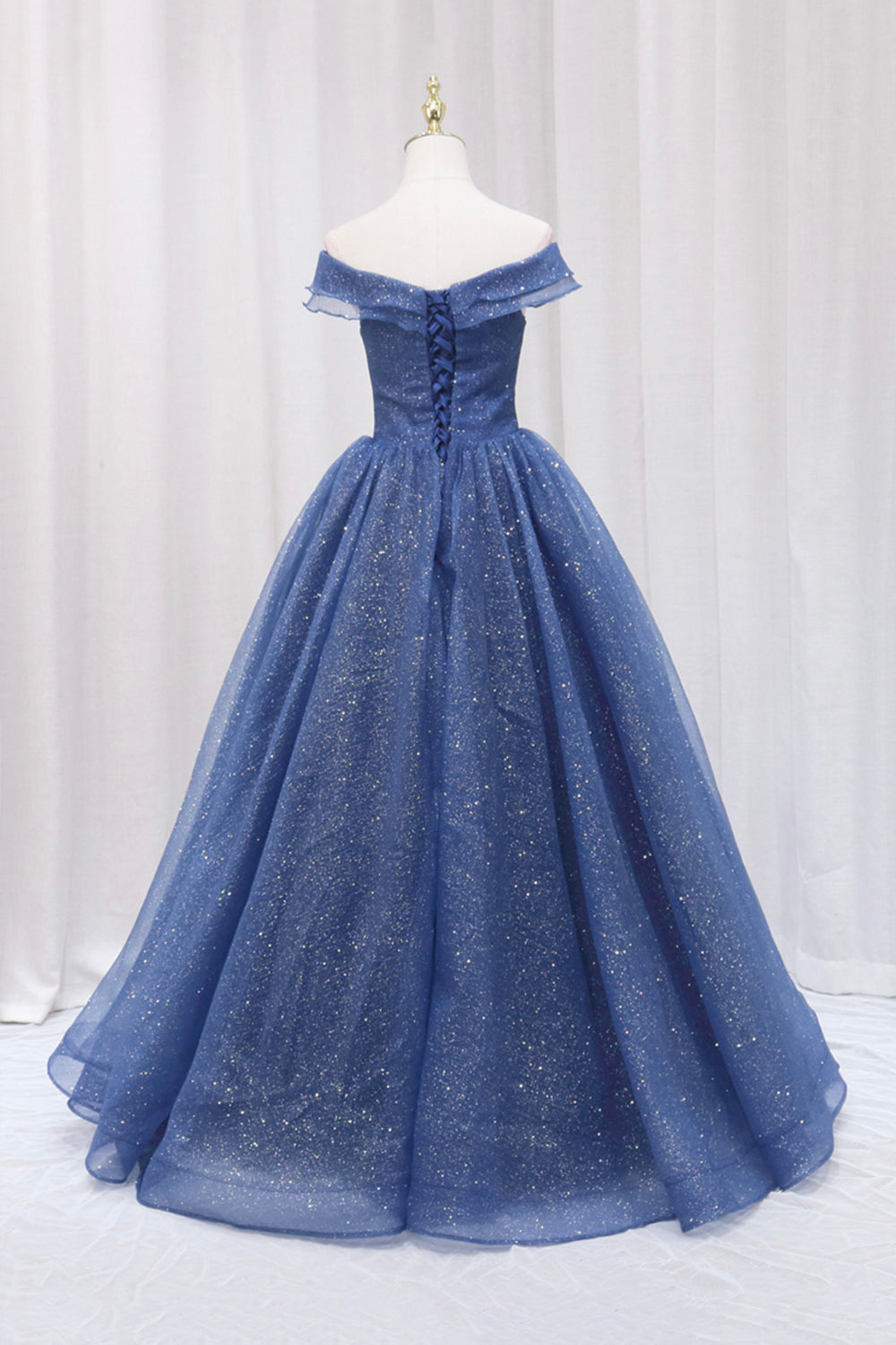 Blue Shiny Tulle Off the Shoulder Prom Dress, Blue V-Neck Evening Dres Blue Shiny Tulle Off the Shoulder Prom Dress, Blue V-Neck Evening Dres