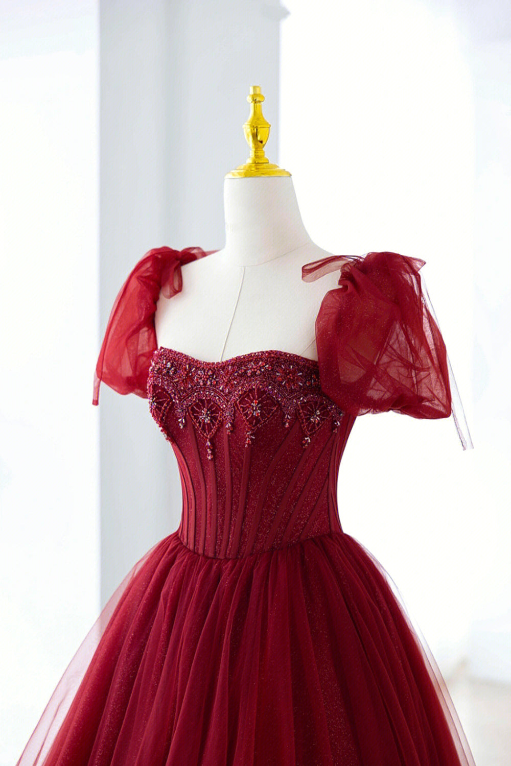 Burgundy Tulle Beaded Long Prom Dress, A-Line Short Sleeve Evening Dress