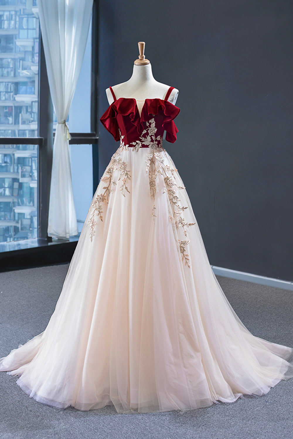 Burgundy Velvet Lace Long Prom Dress, A-Line Off Shoulder Evening Dress
