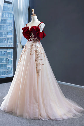 Burgundy Velvet Lace Long Prom Dress, A-Line Off Shoulder Evening Dress