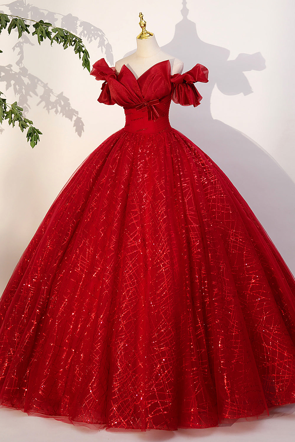 Red Tulle Sequins Long Formal Dress, Off the Shoulder Evening Dress