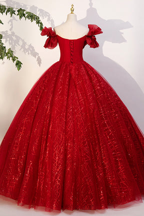 Red Tulle Sequins Long Formal Dress, Off the Shoulder Evening Dress
