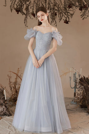Gray Tulle Long A-Line Prom Dress, Off the Shoulder Formal Dress