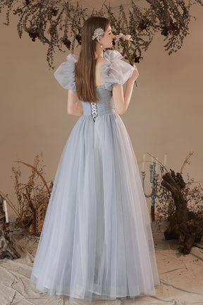 Gray Tulle Long A-Line Prom Dress, Off the Shoulder Formal Dress