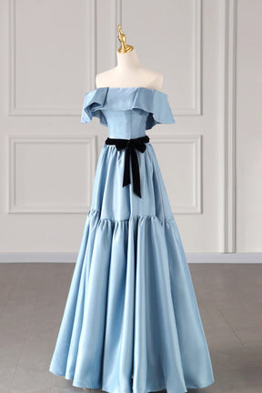 Blue Satin Long Formal Dress, Simple A-Line Strapless Prom Dress