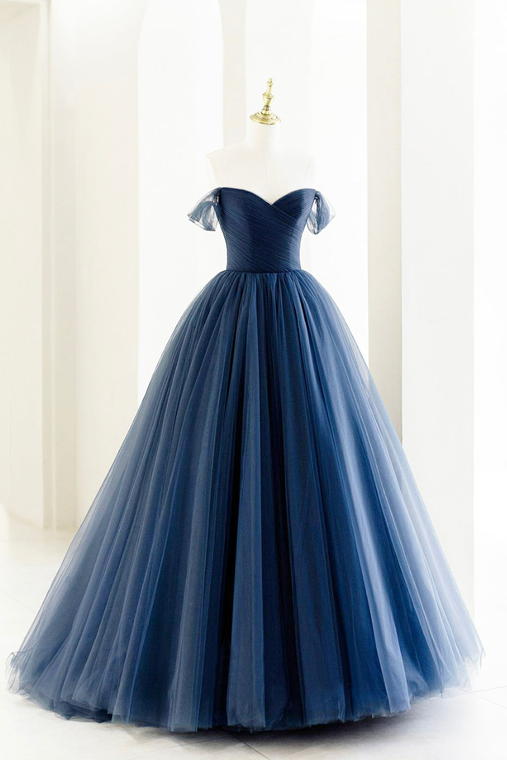 Blue Tulle Long A-Line Prom Dress, Off the Shoulder Formal Evening Dress