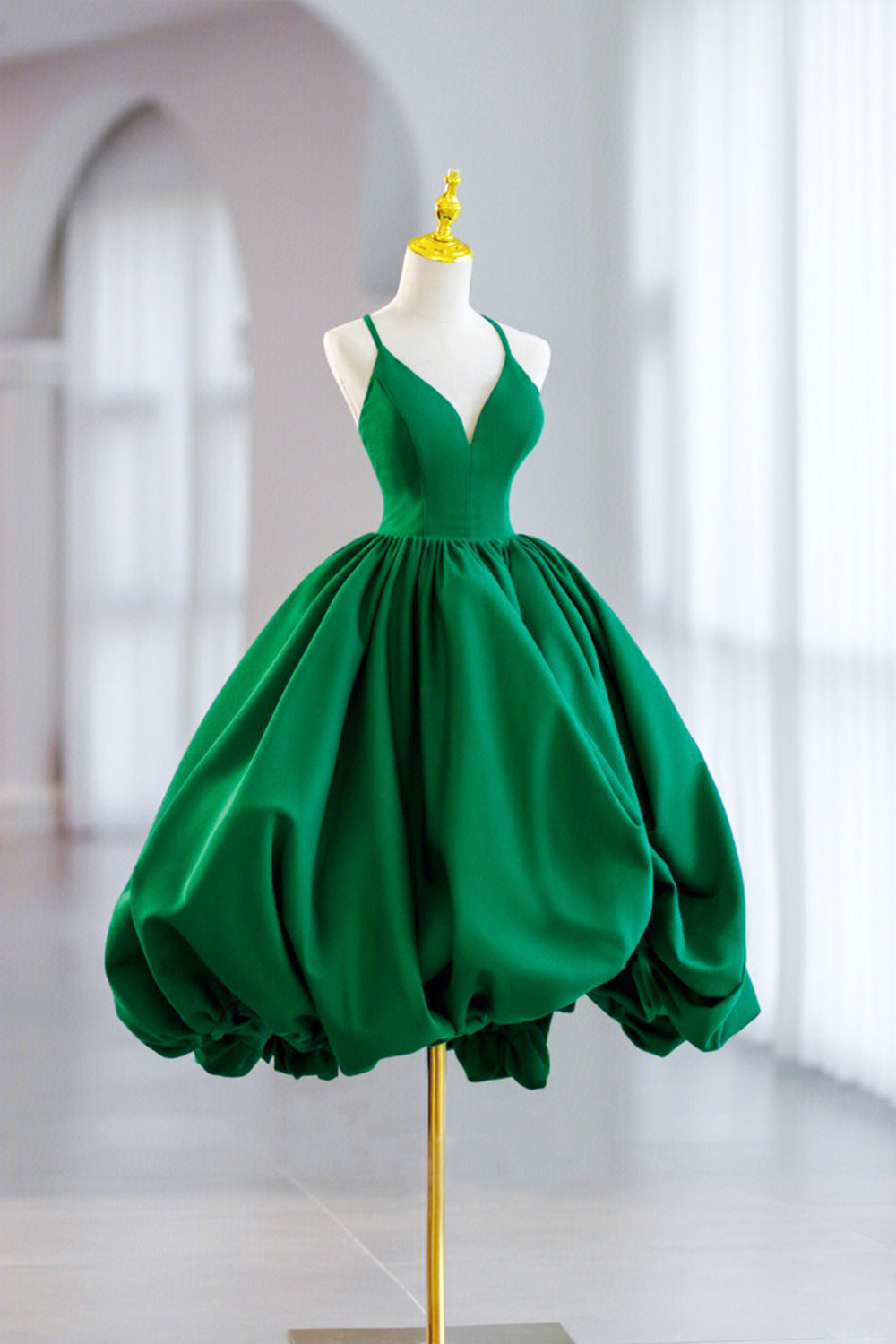 Green Satin Short A-Line Prom Dress, Green V-Neck Party Dress